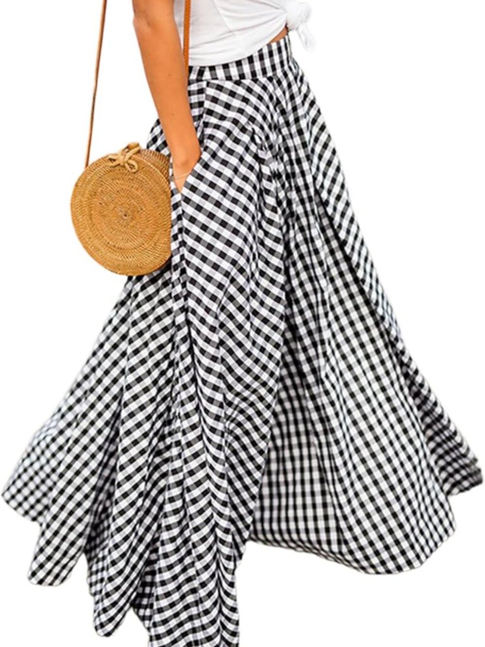 Gingham Plaid Maxi Skirt - High Waist A-Line Pleated Long Skirt for Women
